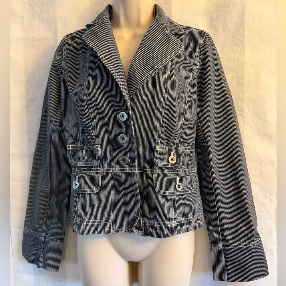 LOFT Navy Striped denim Blazer Jacket with pockets Sz-4. DD15‎